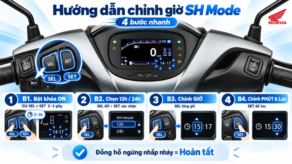 Đồng hồ hiển thị thời gian chính xác sau khi cài đặt thành công.